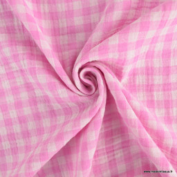 Tissu Double gaze Vichy réversible Bonbon et blanc cassé - OEKO TEX