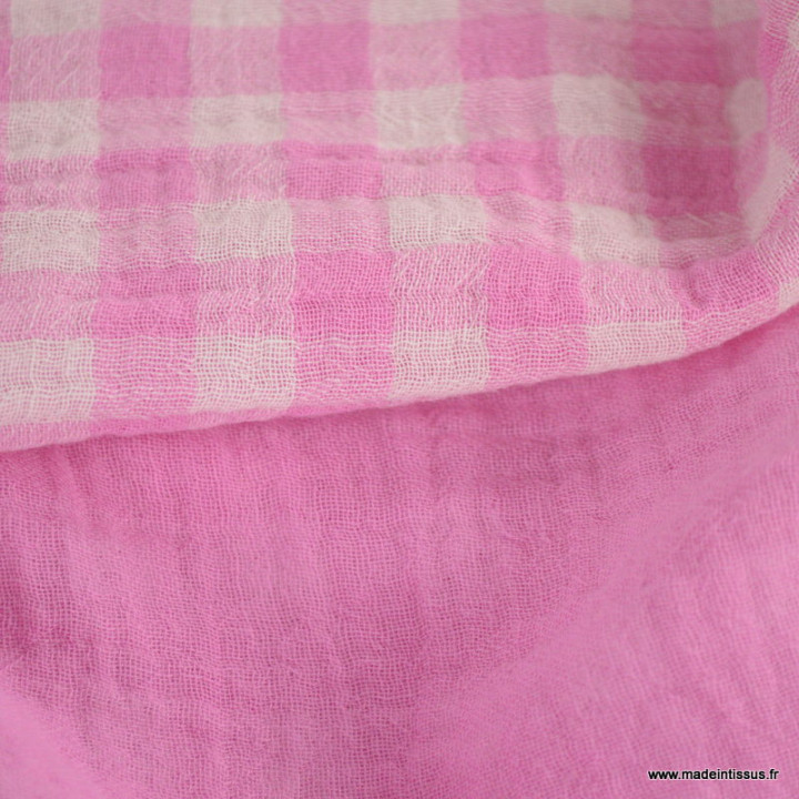 Tissu Double gaze Vichy réversible Bonbon et blanc cassé - oeko tex