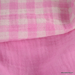 Tissu Double gaze Vichy réversible Bonbon et blanc cassé - oeko tex