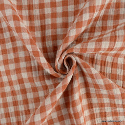 Tissu Double gaze Vichy réversible Cognac et blanc cassé - OEKO TEX