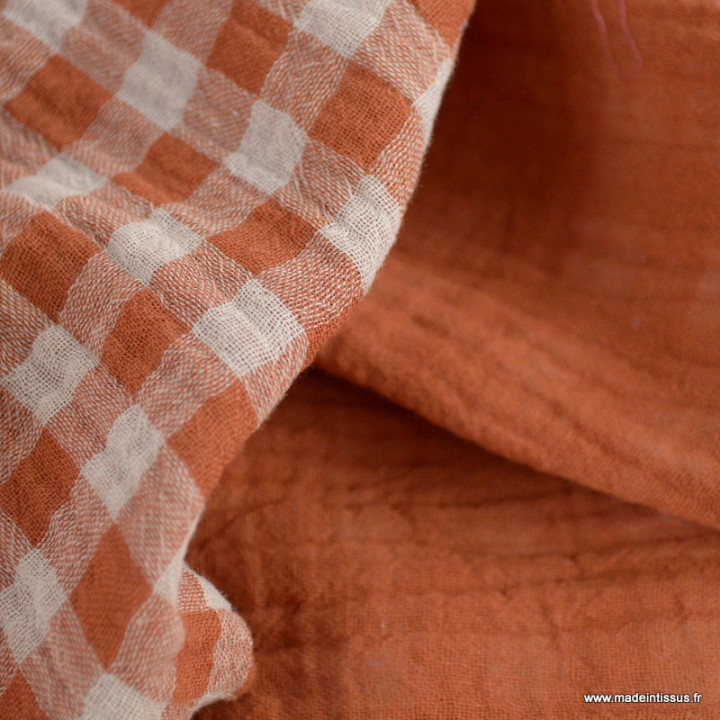 Tissu Double gaze Vichy réversible Cognac et blanc cassé - oeko tex