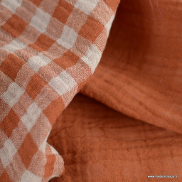 Tissu Double gaze Vichy réversible Cognac et blanc cassé - oeko tex