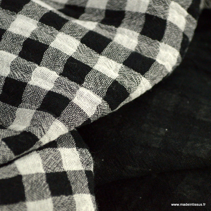 Tissu Double gaze Vichy réversible Noir et blanc cassé - oeko tex