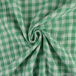 Tissu Double gaze Vichy réversible Vert trèfle et blanc cassé - oeko tex
