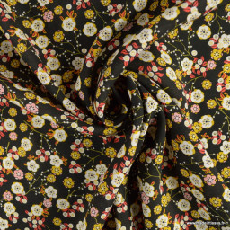 Tissu Viscose Kohana motifs fleurs fond Noir