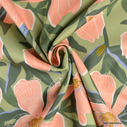 Tissu Satin de coton motif magnolias fond Jade