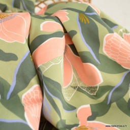 Tissu Satin de coton motif magnolias fond Jade