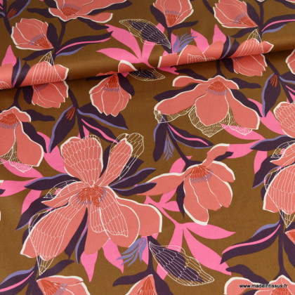 Tissu Satin de coton motif magnolias fleurette
