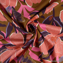 Tissu Satin de coton motif magnolias fleurette