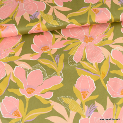 Tissu Satin de coton motif magnolias Olive