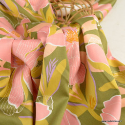 Tissu Satin de coton motif magnolias Olive