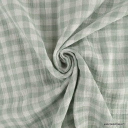 Tissu Double gaze Vichy réversible Vert de gris et blanc cassé - OEKO TEX