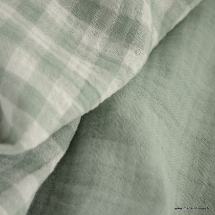 Tissu Double gaze Vichy réversible Vert de gris et blanc cassé - oeko tex