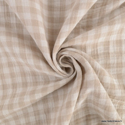 Tissu Double gaze Vichy réversible Galet et blanc cassé - OEKO TEX