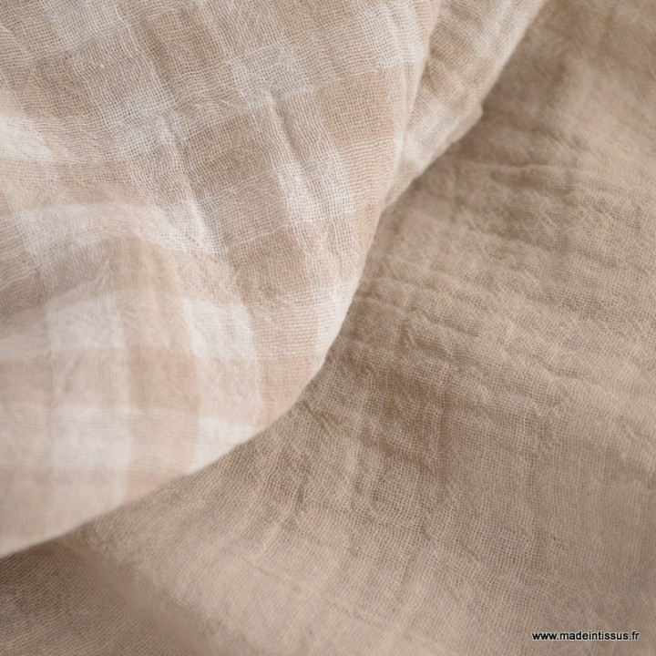 Tissu Double gaze Vichy réversible Galet et blanc cassé - oeko tex