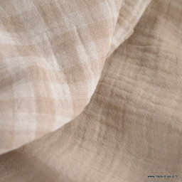 Tissu Double gaze Vichy réversible Galet et blanc cassé - oeko tex