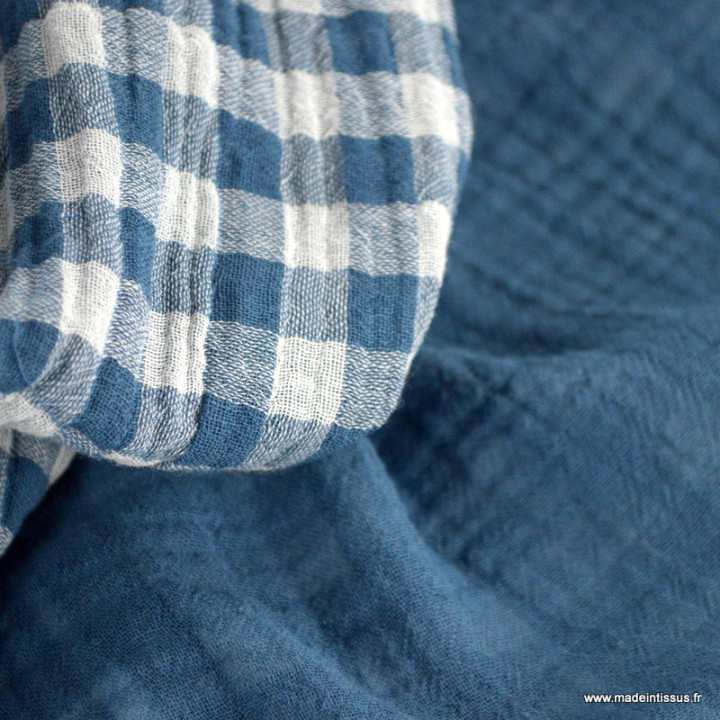 Tissu Double gaze Vichy réversible Galet et blanc cassé - oeko tex