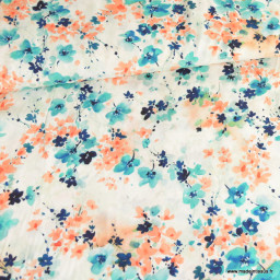 Tissu Viscose motif fleurs aquarelle turquoise fond écru