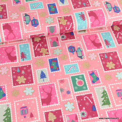 Tissu de Noël motif timbres et flocons fond rose - Oeko tex