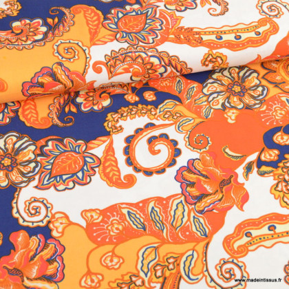 Tissu twill Viscose motif cachemire jaune, orange et bleu