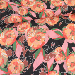 Tissu Viscose motif fleurs roses et vertes fond Noir