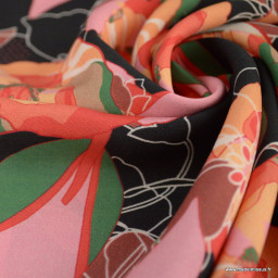 Tissu Viscose motif fleurs roses et vertes fond Noir