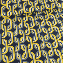 Tissu Viscose motif maillons rétros jaune fond bleu