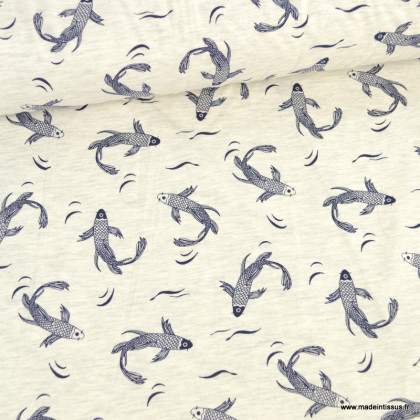 1 coupon de 96 cm  Tissu Jersey à motifs carpes Koï fond - oeko tex