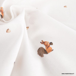 Tissu Poppy popeline motifs écureuil et noisette fond blanc - Oeko tex