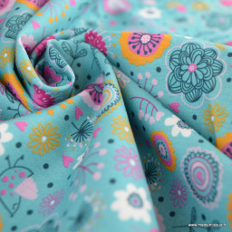 Tissu popeline motifs fleurs Elsa fond Turquoise - Oeko tex