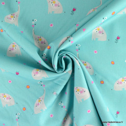 Tissu popeline motifs éléphants et fleurs fond Turquoise - Oeko tex