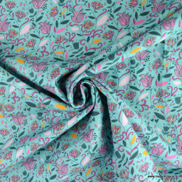 Tissu popeline motifs fleurs Erika fond Turquoise - Oeko tex