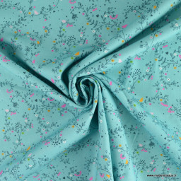 Tissu popeline motifs fleurs Estelle fond Turquoise - Oeko tex