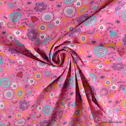Tissu popeline motifs fleurs Elsa fond Rose - Oeko tex
