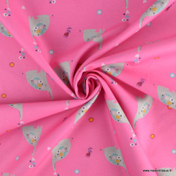 Tissu popeline motifs éléphants et fleurs fond Rose - Oeko tex