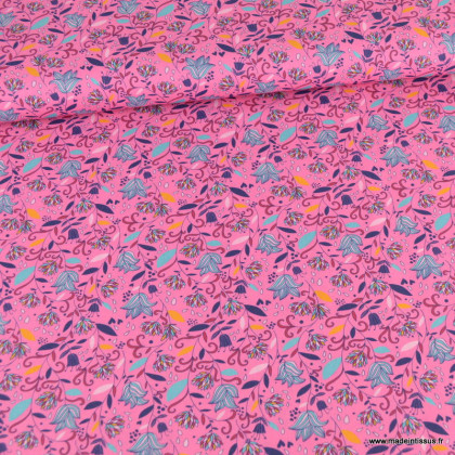 Tissu popeline motifs fleurs Erika fond Rose - Oeko tex