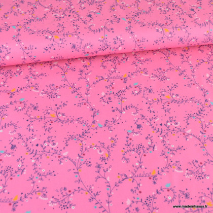 Tissu popeline motifs fleurs Estelle fond Rose - Oeko tex