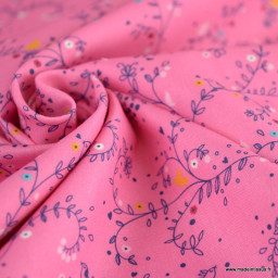 Tissu popeline motifs fleurs Estelle fond Rose - Oeko tex