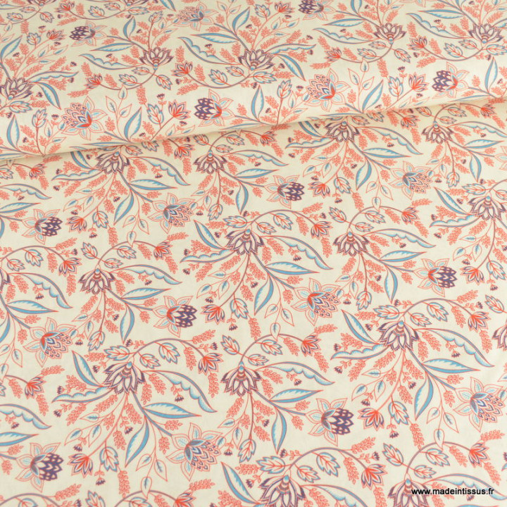 Tissu popeline motifs fleurs Indi fond banc cassé - Oeko tex