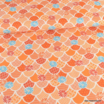 Tissu popeline motifs ecailles japonaises fond Orange - Oeko tex