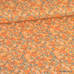 Tissu popeline motifs petites fleurs japonaises fond orange - Oeko tex