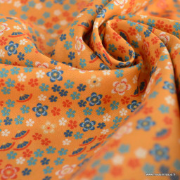 Tissu popeline motifs petites fleurs japonaises fond orange - Oeko tex