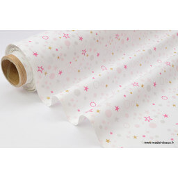 Tissu coton oeko tex dessin CIEL ETOILE rose et  gris 