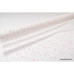 Tissu coton oeko tex dessin CIEL ETOILE rose et  gris 
