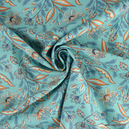 Tissu popeline motifs fleurs Indi fond bleu - Oeko tex