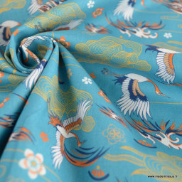 Tissu popeline motifs fleurs et Grues japonaises fond bleu - Oeko tex