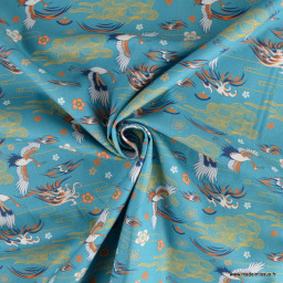 Tissu popeline motifs fleurs et Grues japonaises fond bleu - Oeko tex
