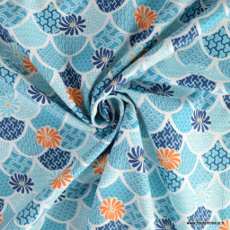 Tissu popeline motifs ecailles japonaises fond Bleu - Oeko tex