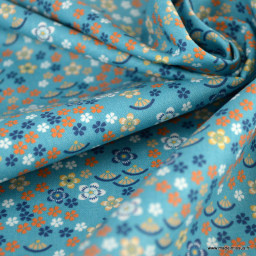 Tissu popeline motifs petites fleurs japonaises fond bleu - Oeko tex