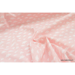 Tissu coton oeko tex imprimé nuages blancs sur fond rose x50cm